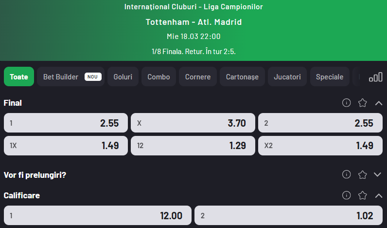 Cote Pariuri Tottenham vs Atletico Madrid oferite de Maxbet