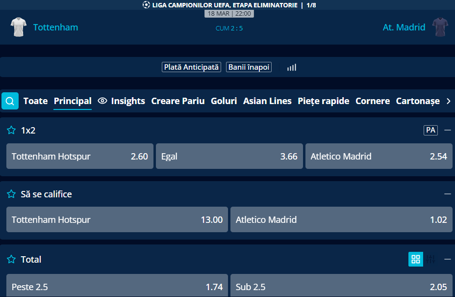 Cote Pariuri Tottenham vs Atletico Madrid oferite de Mr. Bit