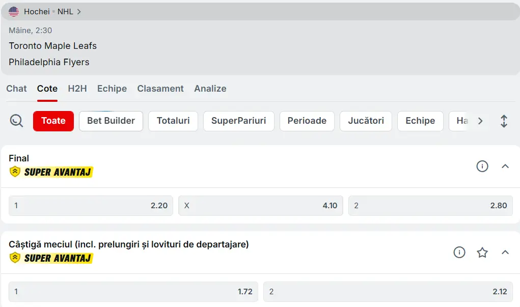 Cote Toronto Maple Leafs vs Philadelphia Flyers - NHL Hochei 03 Martie 2026