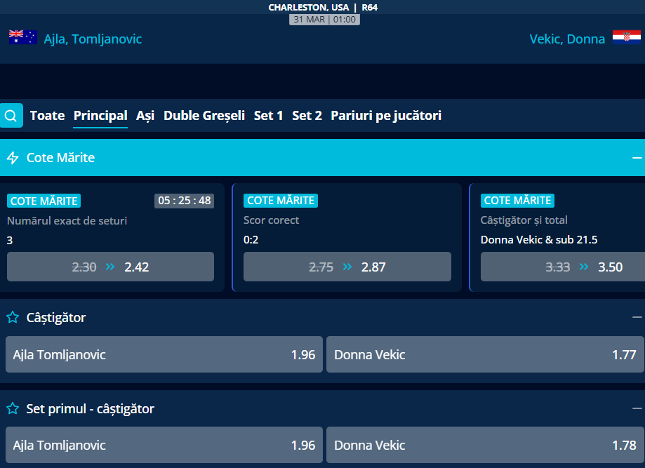 Cote pariuri Ajla Tomljanovic vs Donna Vekic