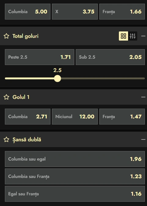 Cote pariuri Columbia vs Franta la Don