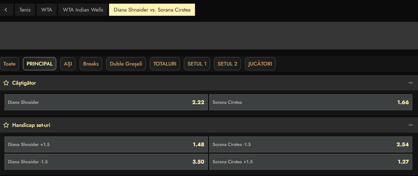 Cote pariuri Diana Shnaider vs Sorana Cîrstea