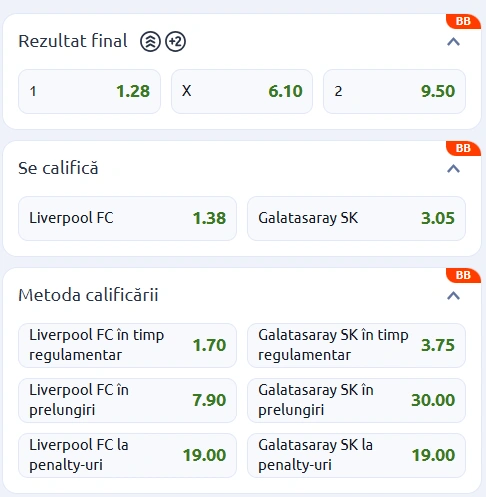 Cote pariuri Liverpool vs Galatasaray la Betano