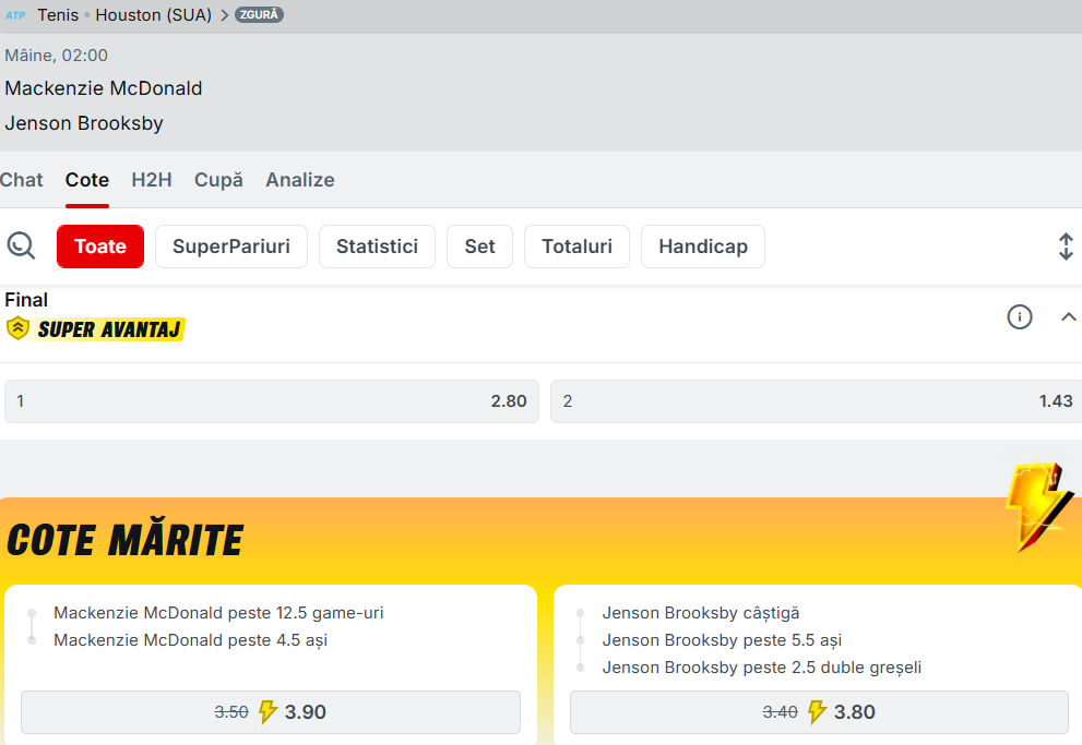 Cote pariuri Mackenzie McDonald vs Jenson Brooksby