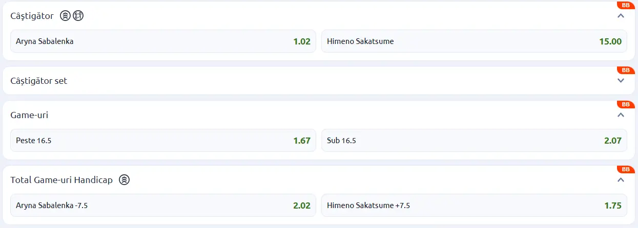 Cote pariuri la Betano - Aryna Sabalenka vs Himeno Sakatsume, primul tur al Masters-ului de la Indian Wells