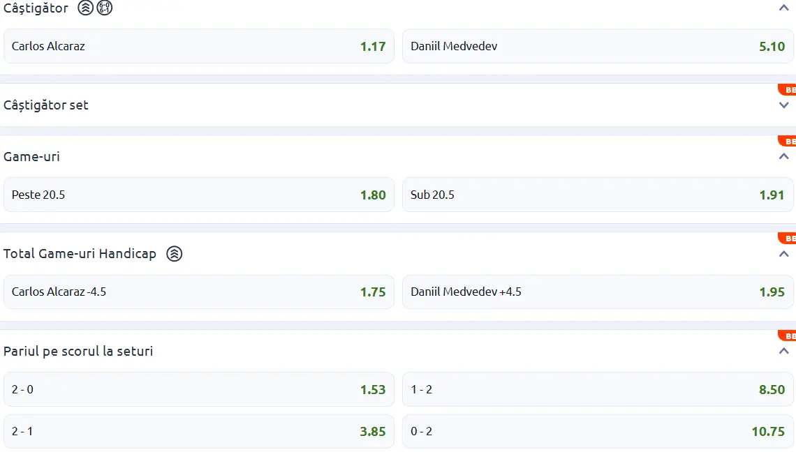 Cote pariuri la Betano - Carlos Alcaraz vs Daniil Medvedev, penultimul act de la BNP Paribas 2026 Open