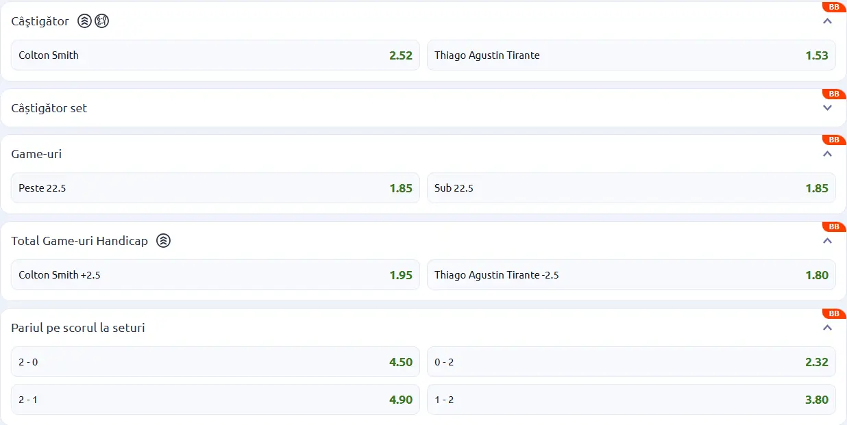 Cote pariuri la Betano - anticipăm un meci echilibrat la Houston Open, Colton Smith vs Thiago Agustin Tirante