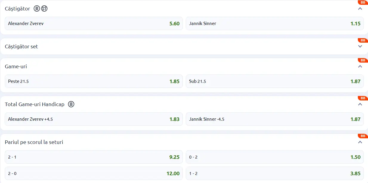 Cote pariuri la Betano - italianul e mare favorit în semifinale la Miami 2026 Open, Alexander Zverev vs Jannik Sinner