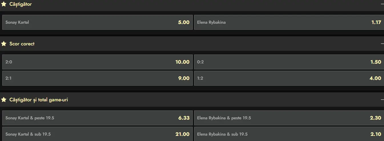 Cote pariuri la Don - faza optimilor de finală de la BNP Paribas 2026 Open, Sonay Kartal vs Elena Rybakina