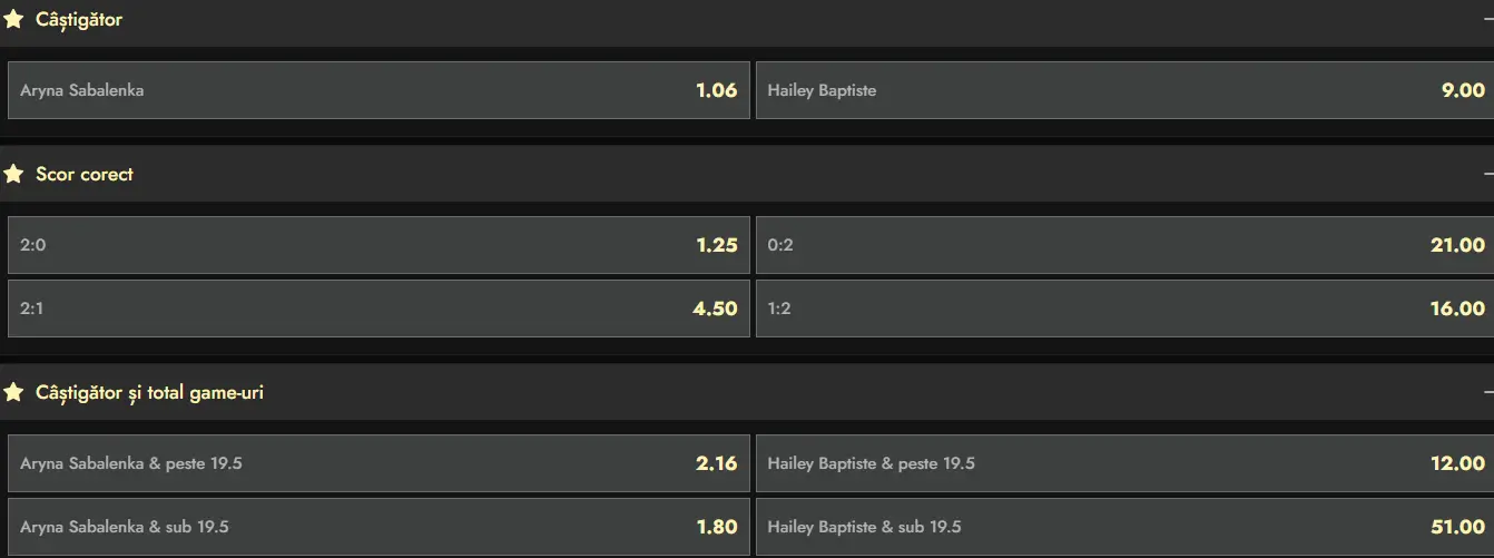 Cote pariuri la Don - liderul mondial vs revelația de la Miami 2026 Open, Aryna Sabalenka vs Hailey Baptiste