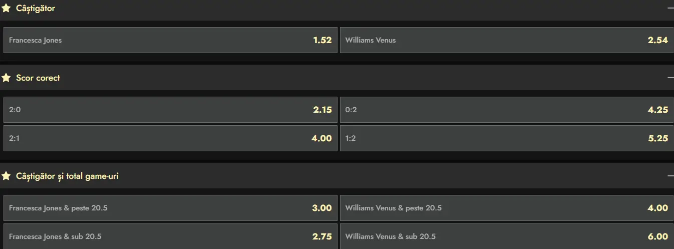 Cote pariuri la Don - runda inaugurală a Masters-ului „1000„ de la Miami Open, Francesca Jones vs Venus Williams