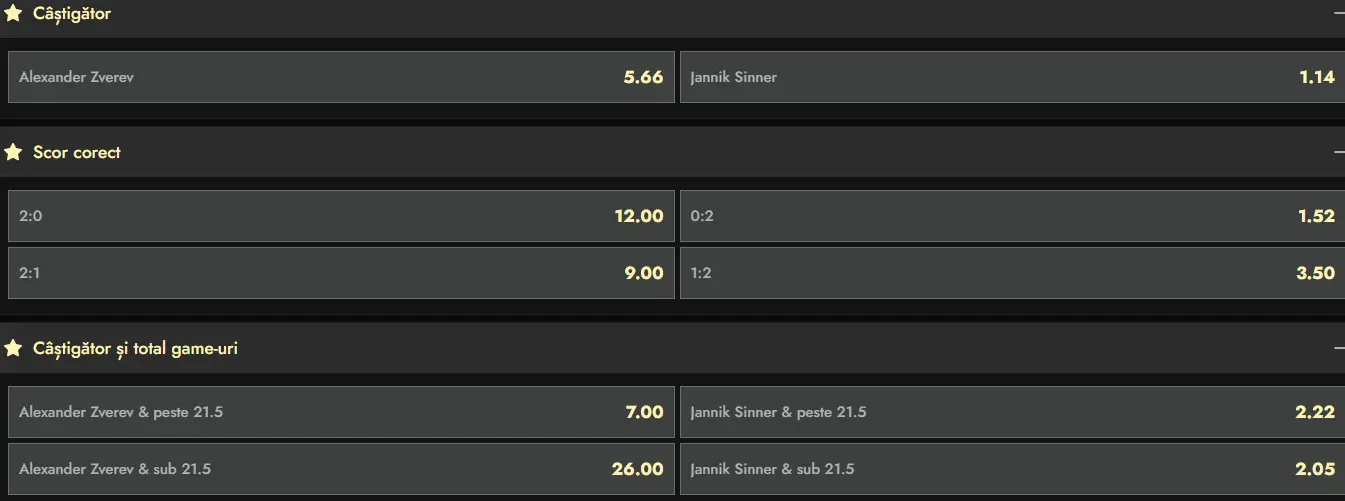 Cote pariuri la Don - semifinale Indian Wells 2026, Alexander Zverev vs Jannik Sinner italianul este mare favorit