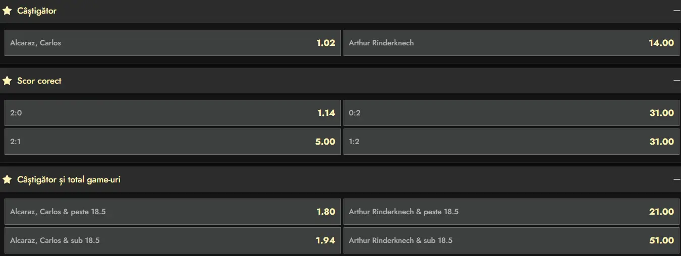 Cote pariuri la Don - un nou duel echilibrat între Carlos Alcaraz vs Arthur Rinderknech și la Indian Wells Masters