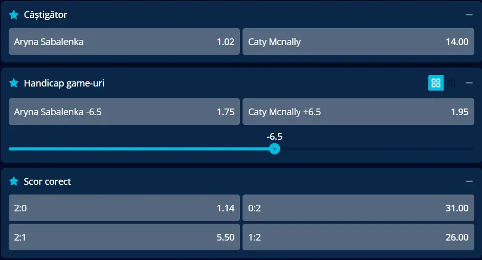 Cote pariuri la Mr Bit - Aryna Sabalenka vs Caty McNally, cu bielorusa favorită certă la Miami 2026 Open