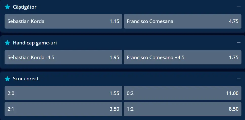 Cote pariuri la Mr Bit - Sebastian Korda vs Francisco Comesana, americanul e mare favorit la Indian Wells