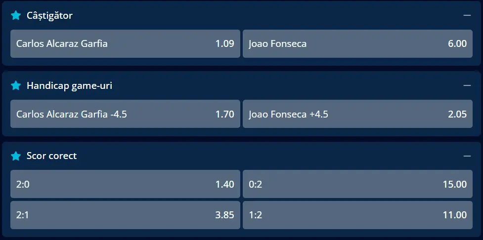 Cote pariuri la Mr Bit - ”șocul” din turul doi al Masters-ului de la Miami 2026 Open, Carlos Alcaraz vs Joao Fonseca