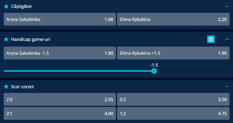 Cote pariuri la Mr Bit - „finala din semifinale„ pe asfaltul de la Miami 2026 Open, Aryna Sabalenka vs Elena Rybakina