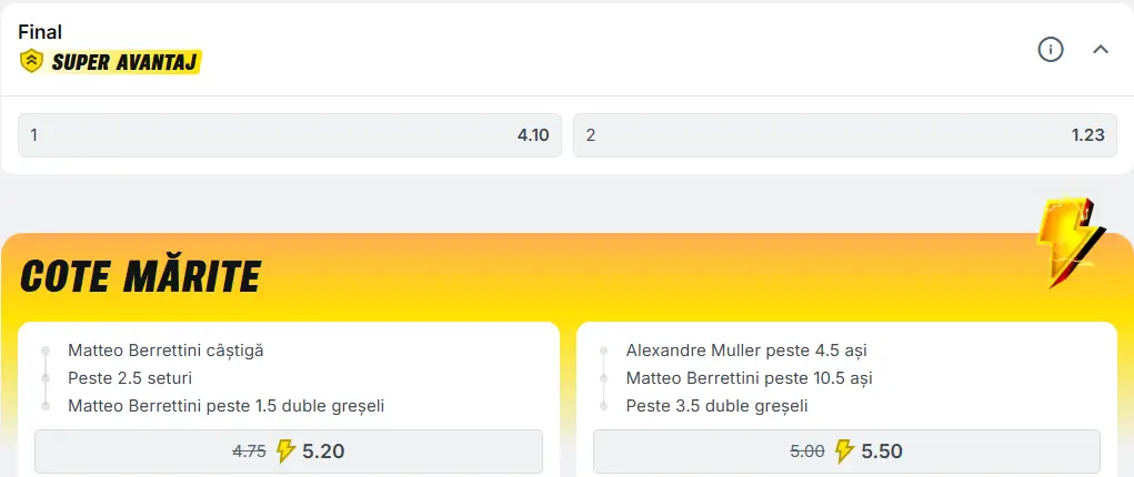 Cote pariuri la Superbet, Alexandre Muller vs Matteo Berrettini - primul tur de la Miami Open Masters „1000„