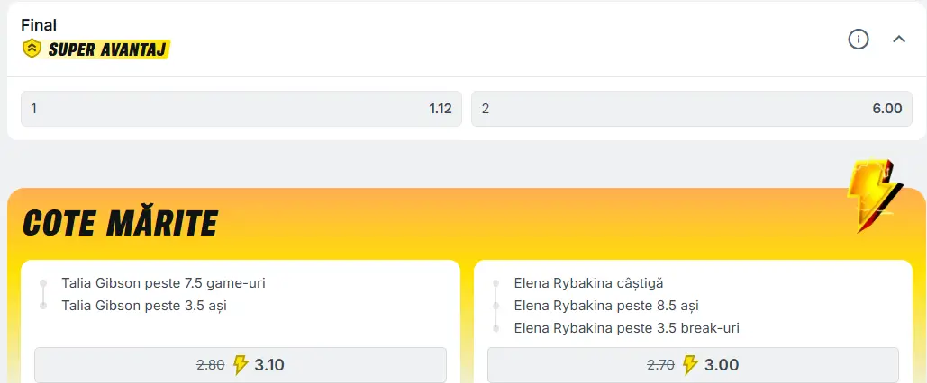 Cote pariuri la Superbet - duel între tenismene în formă la Miami 2026 Open, Elena Rybakina vs Talia Gibson