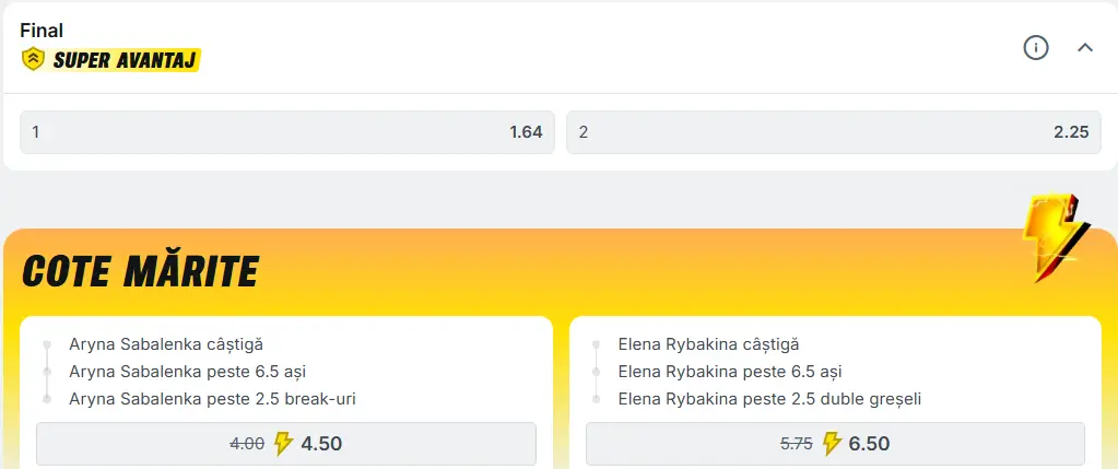 Cote pariuri la Superbet - finala Masters-ului ”1000” de la Indian Wells 2026 dintre Aryna Sabalenka vs Elena Rybakina