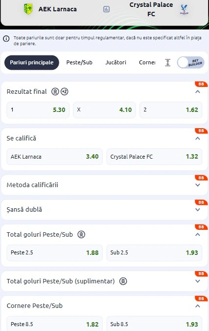 Cote pariuri AEK Larnaca - Crystal Palace