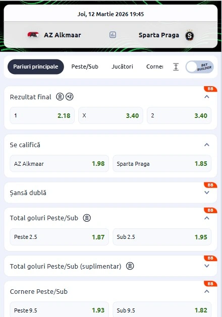 Cote pariuri Alkmaar vs Sparta Praga