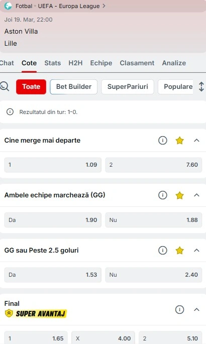 Cote pariuri Aston Villa vs Lille