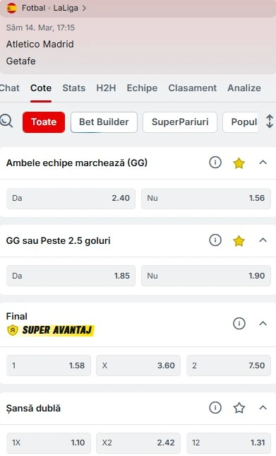 Cote pariuri Atletico Madrid - Getafe