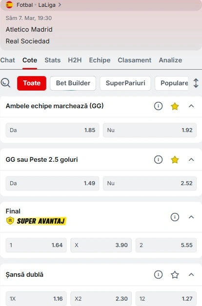 Cote pariuri Atletico Madrid vs Real Sociedad