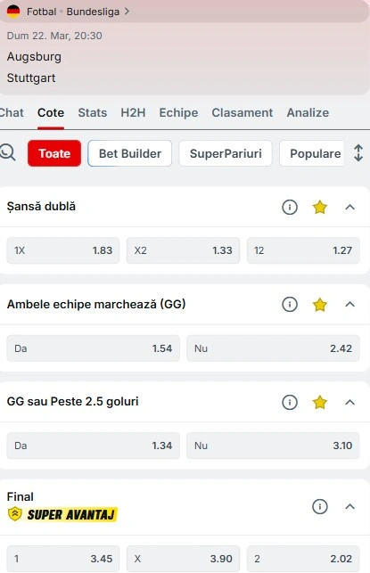 Cote pariuri Augsburg vs Stuttgart