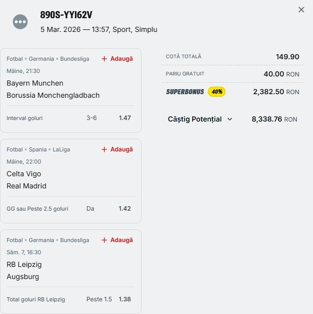 Bilet pariu șansă Superbet 06.03.2026