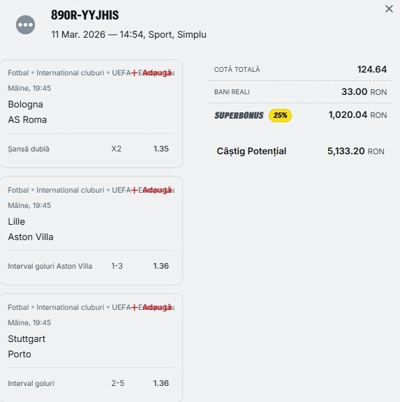 Bilet pariu șansă Superbet 12 martie 2026