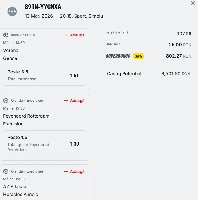 Bilet pariu șansă Superbet 15 martie 2026