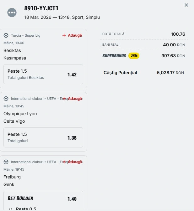 Bilet pariu șansă Superbet 19 martie 2026