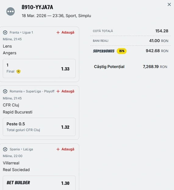 Bilet pariu șansă Superbet 20 martie 2026