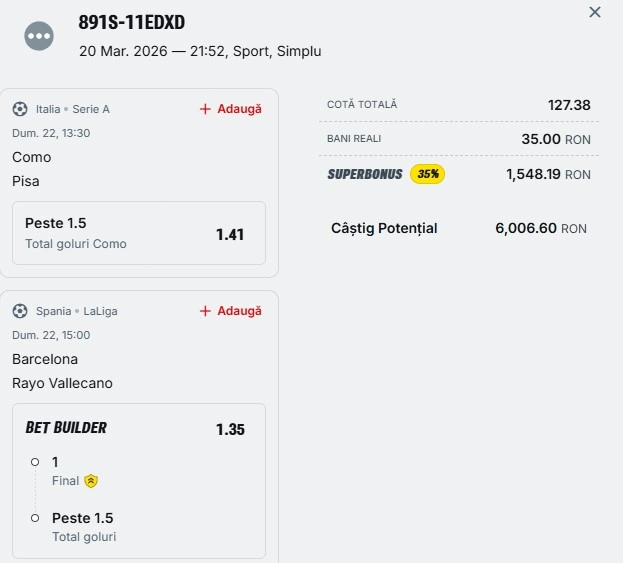 Bilet pariu șansă Superbet 22 martie 2026