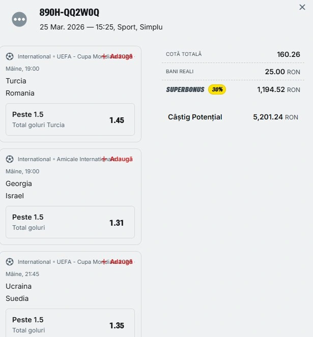 Bilet pariu șansă Superbet 26 martie 2026