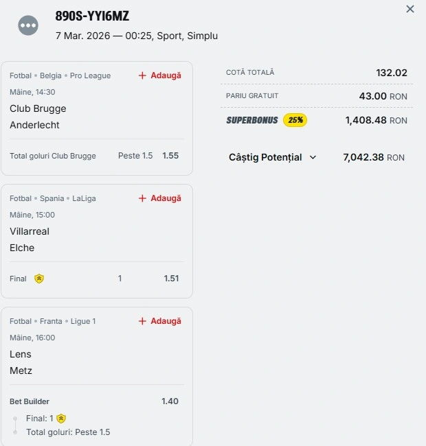 Bilet pariu șansă Superbet 8 martie 2026