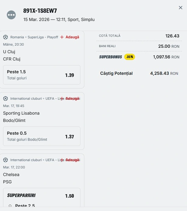 Bilet săptămânal din fotbal 16 martie 2026