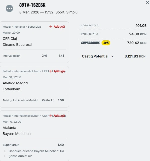 Bilet săptămânal din fotbal 9 martie 2026