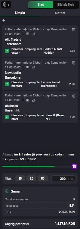 Biletul zilei azi din fotbal 10.03.2026