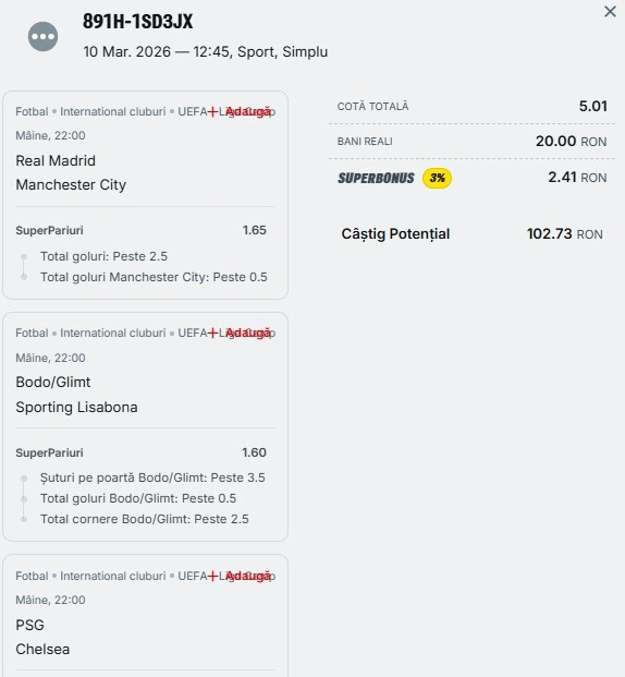 Biletul zilei azi din fotbal 11 martie 2026