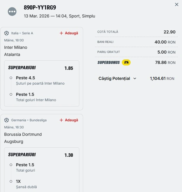 Biletul zilei azi din fotbal 14 martie 2026