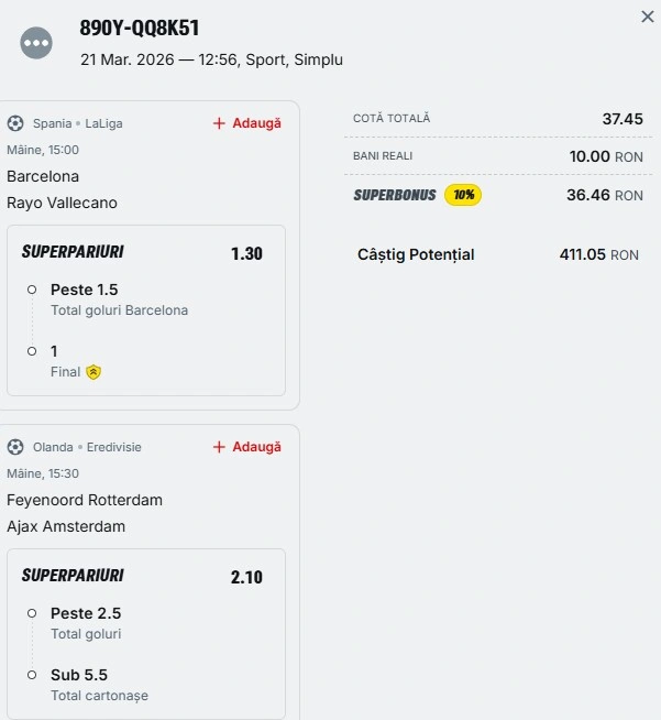 Biletul zilei azi din fotbal 22.03.2026