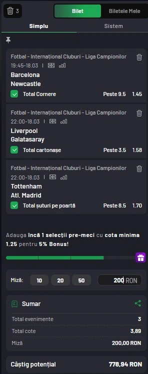 Biletul zilei din Champions League 18.03.2026