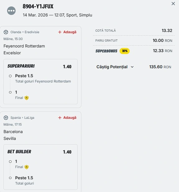 Biletul zilei din fotbal 15.03.2026