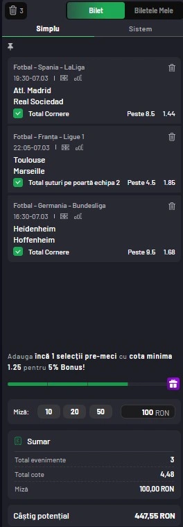 Biletul zilei din Pariuri Speciale 7 martie 2026