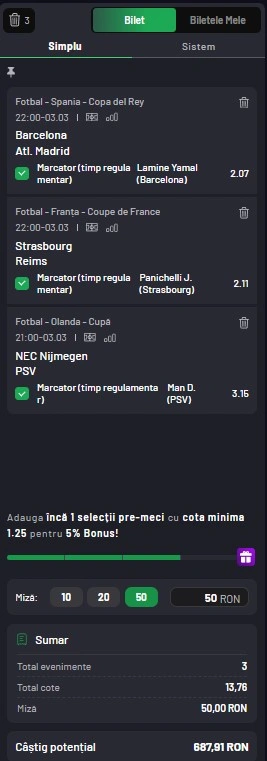 Biletul zilei pe marcatori 3 martie 2026