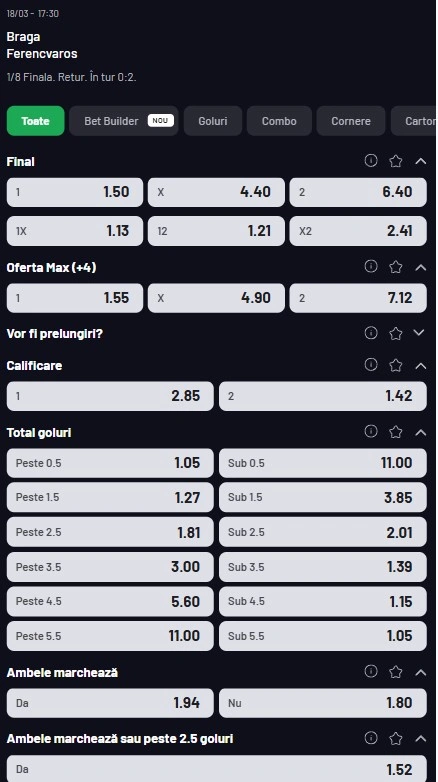Cote pariuri Braga vs Ferencvaros
