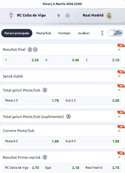 Cote pariuri Celta Vigo - Real Madrid